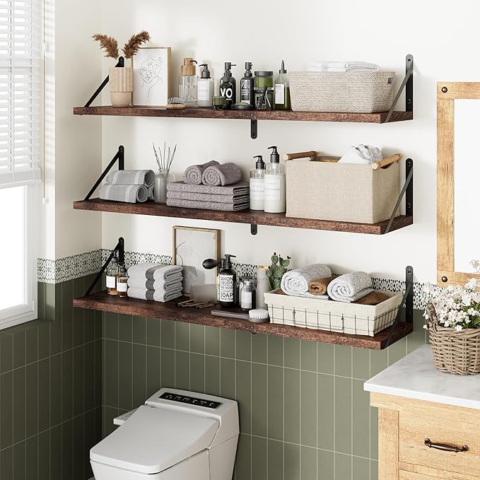 Floating Shelves for Wall, 36W x 8D Wide Bookshelf with Brackets Set of 3, Wood Wall Mounted Shelves for Living Room, Kitchen