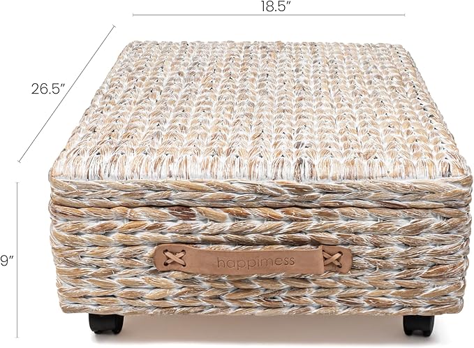 happimess BSK1006C 26.38" Chett Minimalist Hand-Woven Hyacinth/Wood Underbed Storage Bin with Wheels and Handles for Storage 