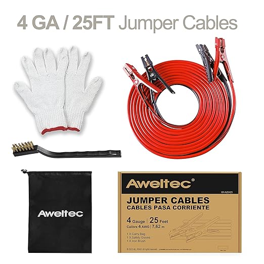 Heavy Duty Jumper Cables,4 Gauge 25 Feet Booster Battery Cable,Automotive Wires with Alligator Clips,Carrying Bag,Safety Gloves and Iron Brush for Cars Truck