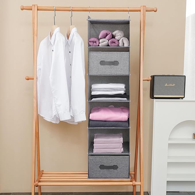 Large Hanging Sweater Organizer for Closet,Collapsible 6-Shelf Hanging Closet Shelves with Drawers, Washable (Grey-6 Shelf-2 