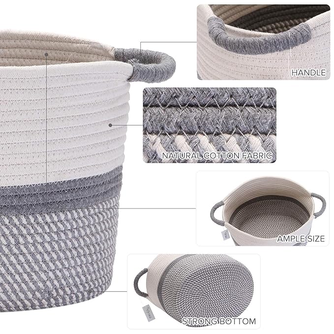 Hinwo Oval Cotton Rope Storage Basket Collapsible Nursery Storage Box Container Organizer with Handles, 13 x 10 inches, Off W