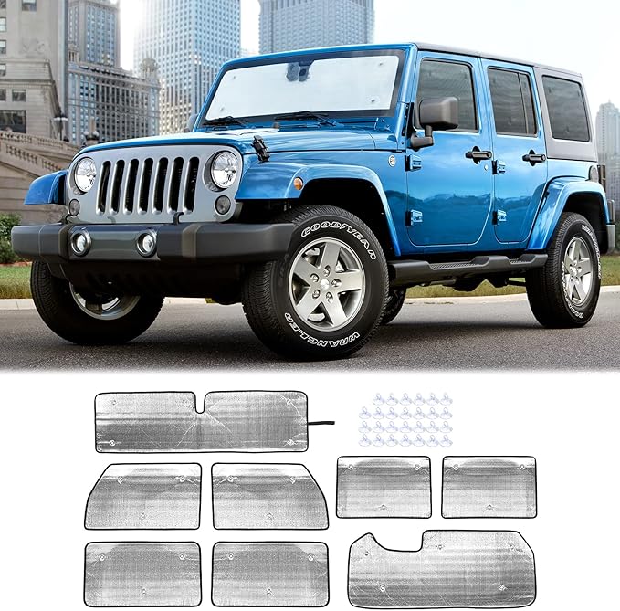 Hoolcar Windshield Sunshade Side Window Sun Shade Sunscreen Heat Insulation Sun Visor for 2007-2017 Jeep Wrangler JK JKU, 8PCs