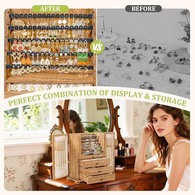 Jewelry Box Organizer, Rustic Wooden Jewelry Boxes for Women Girls, Large Storage Earring Holder Organizer Display for Earrin