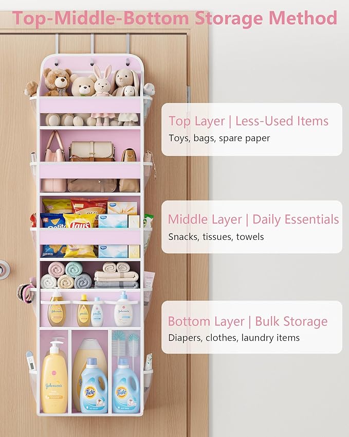 OneDream 5-Tier Over the Door Organizer with Removable Storage Caddy, Baby Clothes Organizer for Nursery, Hanging Behind Door