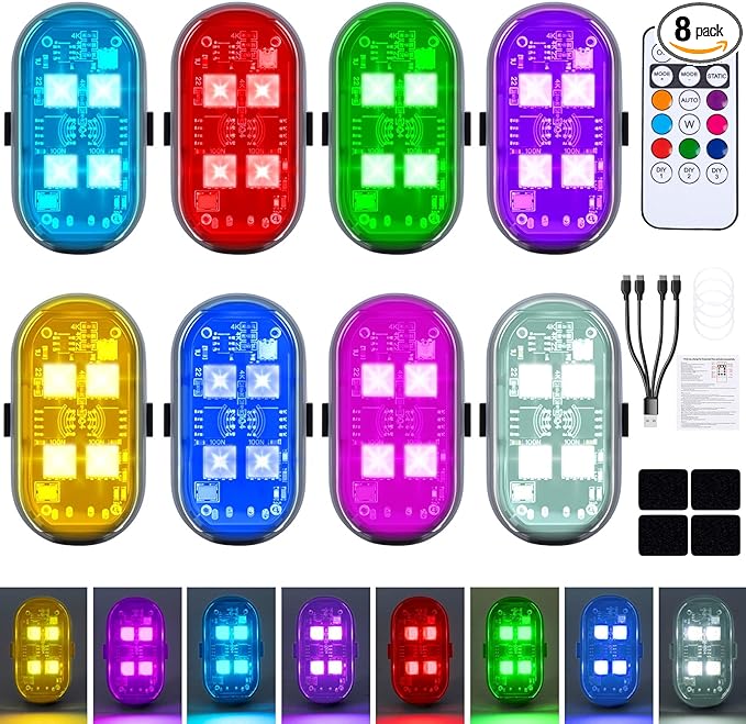 8PCS Wireless LED Lights with Remote Control, Upgraded 4LEDs 8 Colors, Interior Underglow Anti Collision Warning Strobe Light for Car Motorcycle Bike Drone Aircraft