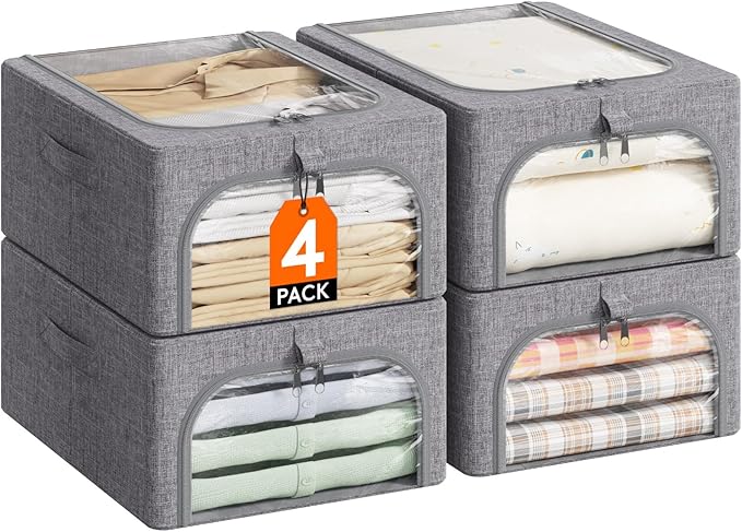 Lifewit Clothes Storage Bins with Metal Frame 3 Pack, Fabric Stackable Storage Bags with Lids, Zipper, Foldable Clost Organiz