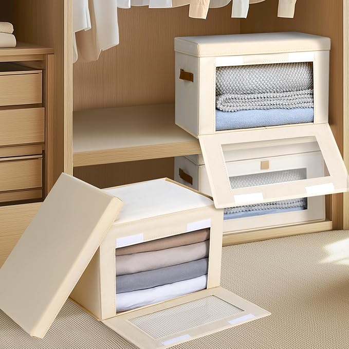 Homsorout Large Closet Storage Organizer - Clothes Storage Bins with Handles & Window, Collapsible Decorative Boxes with Lids