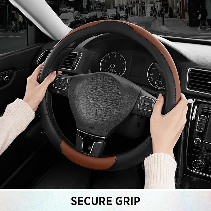Road Comforts Steering Wheel Cover, Breathable Anti-Slip Leather Steering Wheel Cover, Universal Fit 14.5–15 Inch, Comfortabl