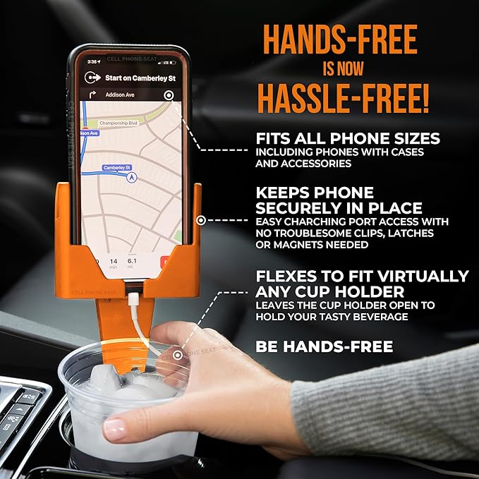 CELL PHONE SEAT - Cup Holder Phone Holder Mount for Car - Universal Adjustable Expander Cradle Hands-Free Driving - Compatible with All Smartphones iPhone Samsung Google Android Orange