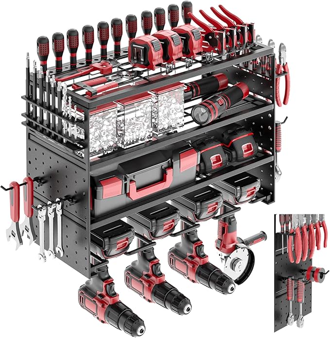 Power Tool Organizer Wall Mount - 4 Layer Metal Power Tool Storage Rack, Cordless Drill Holder with 4 Hooks, Utility Storage 