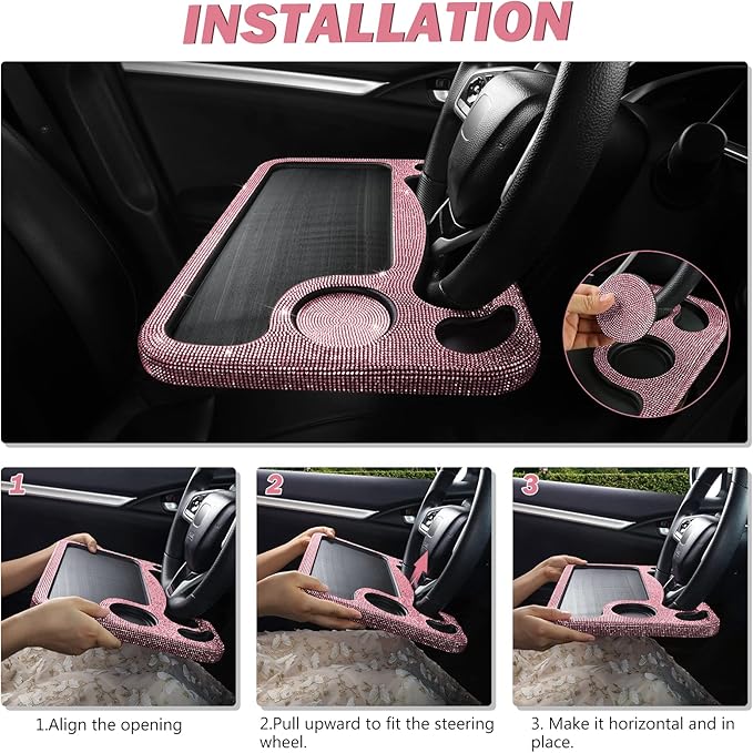 eing Car Eating/Laptop Steering Wheel Desk,Bling Crystal Steering Wheel Tray(16.6"x11.1"(2 in 1)) - Pink