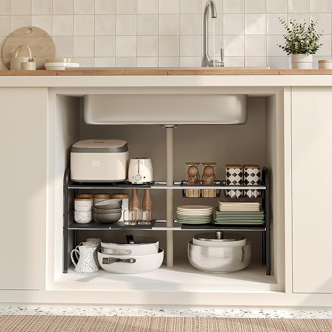 NETEL Under Sink Organizers and Storage, 2 Tier Expandable Under Cabinet Organizer Shelf with 2 Baskets and 6 Panels, Expanda