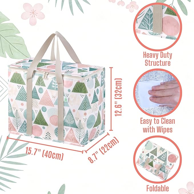 VENO 2 Pack Insulated Cooler Bag Reusable Grocery Shopping Bag, Food Delivery, Heavy Duty, Large Size, Durable Handles, Double Zippers, Lid, Collapsible (Pastel Forest, 2 Pack)