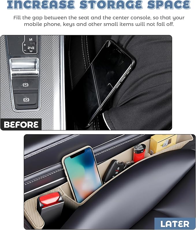 2PCS Car Seat Gap Filler,Car Accessories Car Organizer,Cars Seat Gap Filler Organizer with 2 Storage Areas,Used for Phone,Wallets,Keys,Eyeglasses,Fit for Most Cars,Trucks,SUVs (Beige)