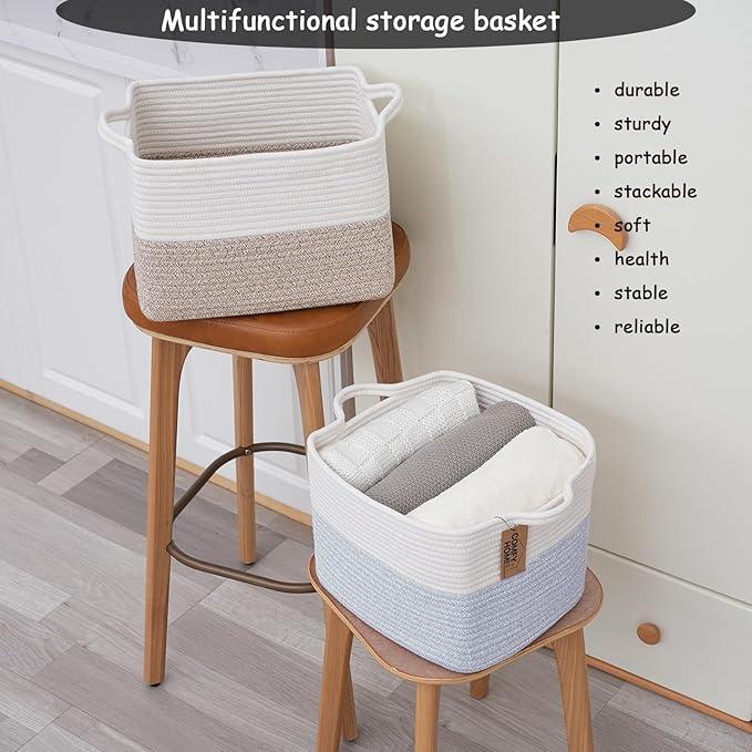 COMFY-HOMI 3PACK Cotton Rope Square Baske with Handles for Shelves|Dog Toy Baske Bin and Storage|Baby Baske for Gift|Shoe Bas