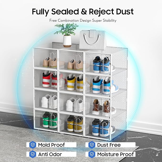 eWonLife Large Shoe Organizer Storage Box with Magnetic Door,12 Pack Clear Plastic Stackable Sneaker Containers for Closet, C