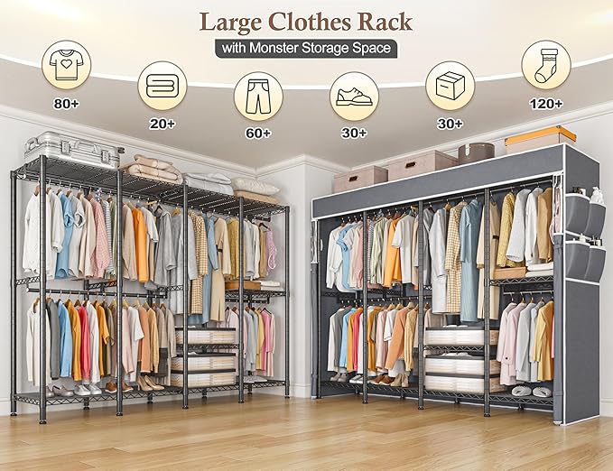 Raybee Clothes Rack with Cover,1100 LBS,Clothing Racks for Hanging with 10 Shelves& 7 Rods,Portable Closet Heavy Duty,Adjusta