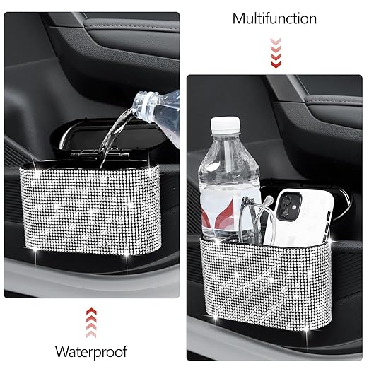 NBTEPEM Bling Car Trash Can with Lid, Mini Auto Garbage Can with 30 Trash Bags, Leakproof Automotive Garbage Container Bin, Bling Car Accessories Trash Can for Women (Silver Diamond)