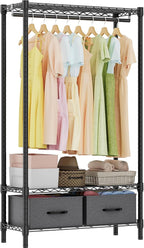 M MZG Heavy Duty Rolling Garment Rack 3 Tiers Adjustable Wire Shelving with Rod, Storage Closet Clothing Rack with Drawers Da