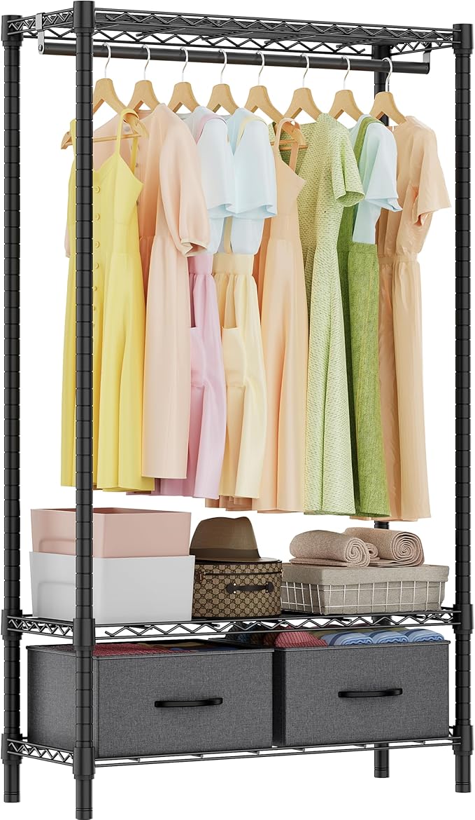 M MZG Heavy Duty Rolling Garment Rack 3 Tiers Adjustable Wire Shelving with Rod, Storage Closet Clothing Rack with Drawers Da