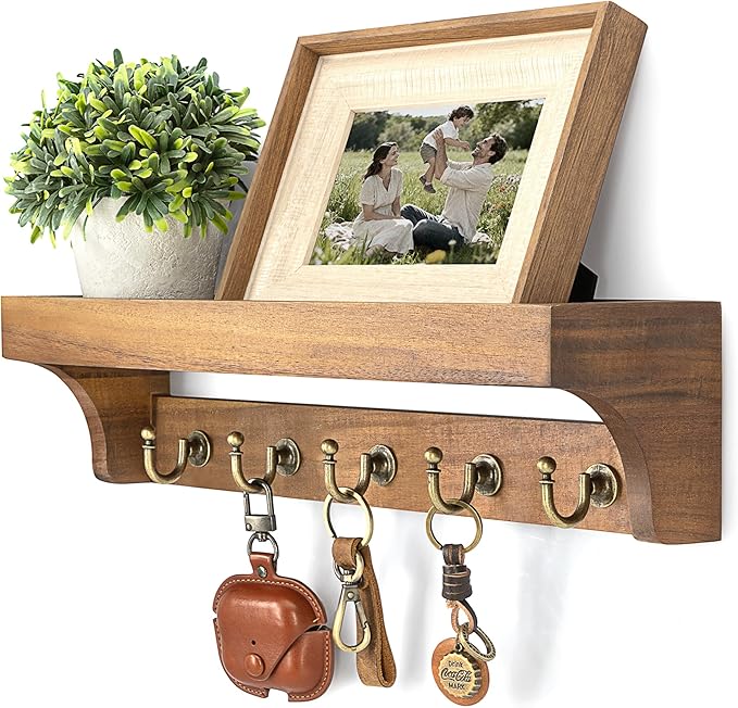 Rebee Vision Acacia Wood Farmhouse Key Holder Wall Mount for Room Decor – Retro Key Holder for Wall with Shelf for Cute Thing