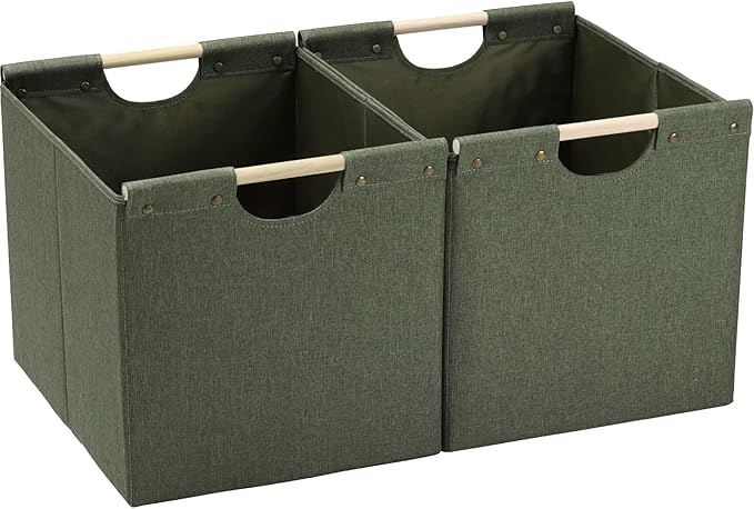 HOONEX Large Collapsible Storage Bins, Linen Fabric, Pack of 2, Storage Baskets with Wooden Carry Handles and Sturdy Heavy Ca