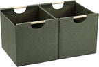 HOONEX Large Collapsible Storage Bins, Linen Fabric, Pack of 2, Storage Baskets with Wooden Carry Handles and Sturdy Heavy Ca
