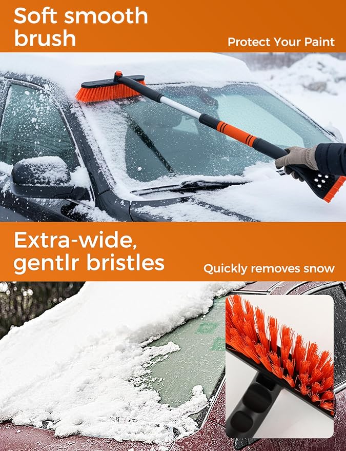 34" Extendable Ice Scrapers for Car Windshield 2-in-1 Snow Brush for Car Snow Scraper for Car Snow Scraper and Drush with Ergonomic Foam Grip for Cars, Trucks, SUVs with 360° Pivoting Brush Head Blue