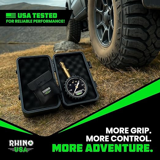 Rhino USA Adjustable Tire Deflators with Gauge (0-60psi) Calibrated & Automatic Tire Air Down Tool - Large 2" Easy Read Glow Dial & Solid Brass Hardware - Best Offroad Deflator for Jeep, Truck or ATV