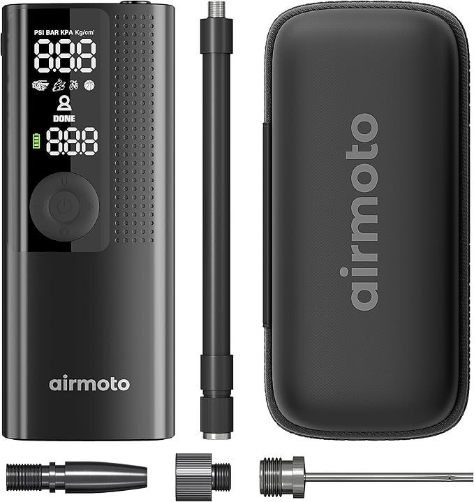 Airmoto and Carrying Case Bundle Deal - Tire Inflator Portable Air Compressor with Hard Case - Air Pump for Car Tires, Motorcycle, Bicycle - Cordless Tire Pump with Tire Pressure Gauge