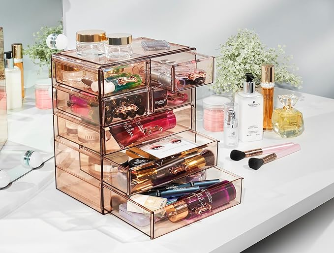 Sorbus Acrylic Makeup Organizer Set, 6-Drawer Vanity & Countertop Cosmetic Storage with Small & Wide Drawers, Bronze Glow Mak