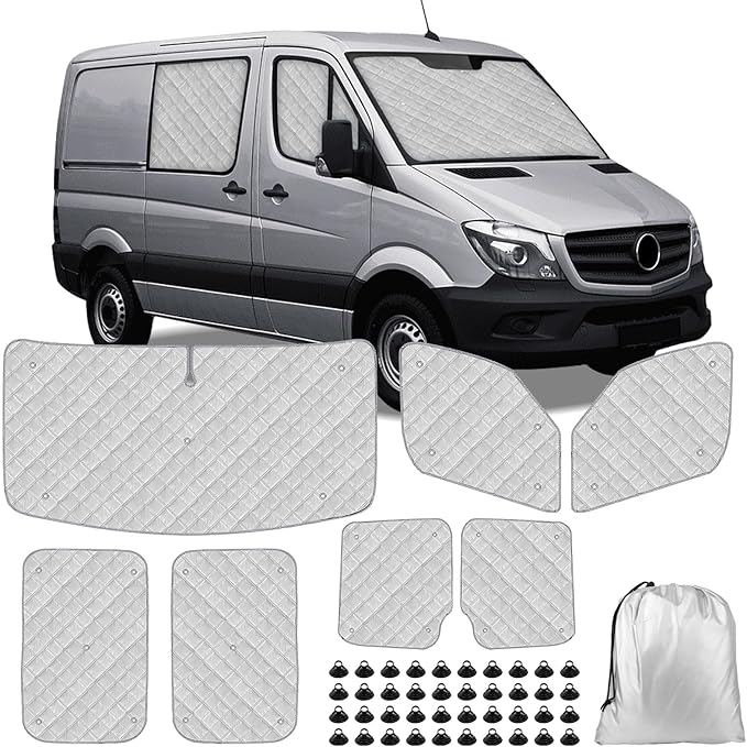 Mercedes Sprinter Sun Shade 7-Piece Set 2006-2019 | Full Cabin Thermal Insulation Kit for LWB Vans | UV Blocker + Privacy Covers (Front/Rear/Side Windows)