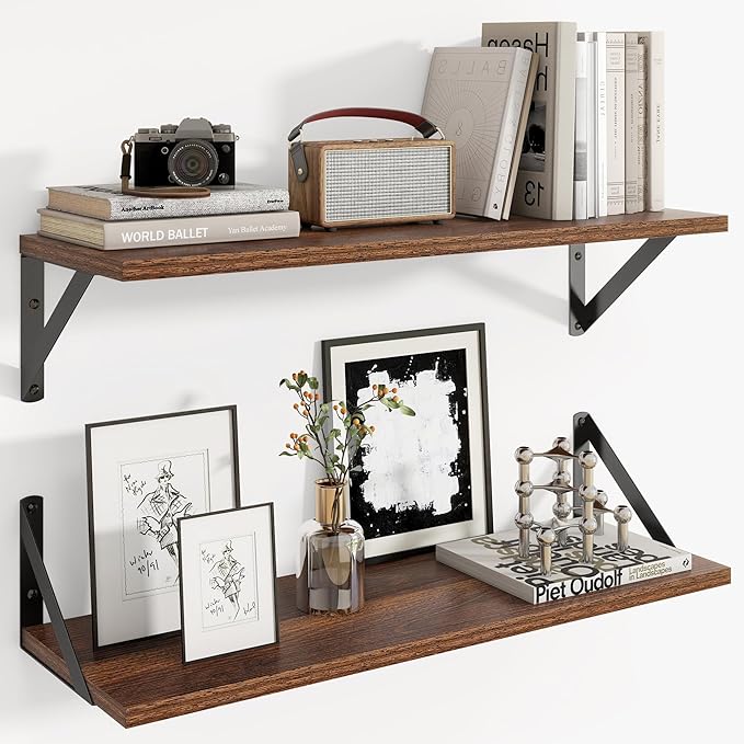 Axeman 24 Inch Floating Shelves | 8 Inch Deep Walnut Wall Shelves Set of 2 | 24W x 8D Rustic Wood Shelves for Bookshelf Livin