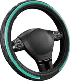 Road Comforts Leather Steering Wheel Cover – Black & Green Universal Fit 14.5-15 Inch, Microfiber Leather, Anti-Slip & Breath