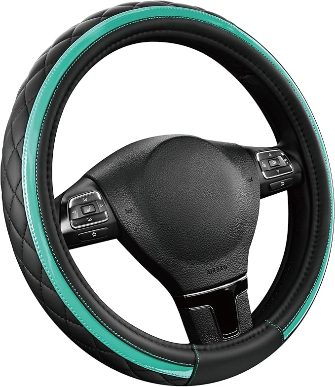Road Comforts Leather Steering Wheel Cover – Black & Green Universal Fit 14.5-15 Inch, Microfiber Leather, Anti-Slip & Breath