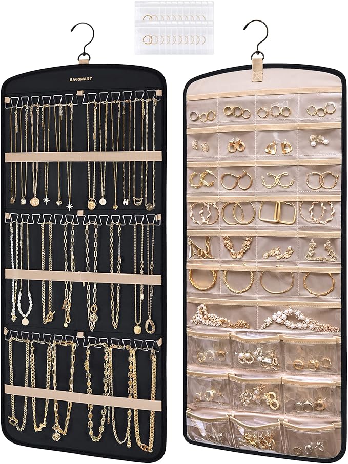 BAGSMART Hanging Jewelry Organizer, Necklace Holder Anti-tangle Earrings Rings Hanger with 20 Jewelry Bags Travel Storage Rol