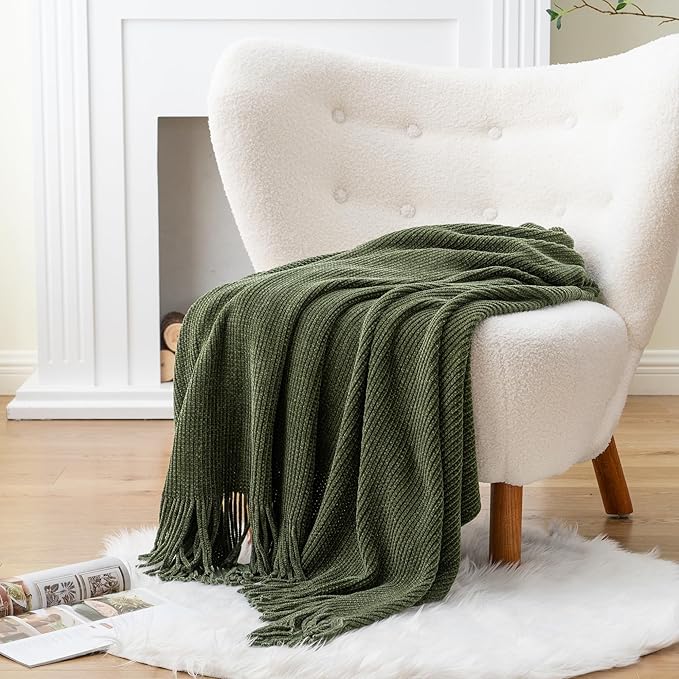 BATTILO HOME Olive Green Throw Blanket for Couch, Soft Chenille Knit Throws with Tassels for Home Decor, Green Throws for Cou