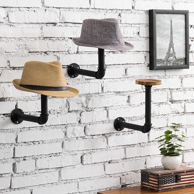 MyGift 3 Pcs Cowboy Hat Holder on Wall, Hat Rack Hooks, Wig Display Helmet Collection Organizer, Baseball Cap Hanger Entryway