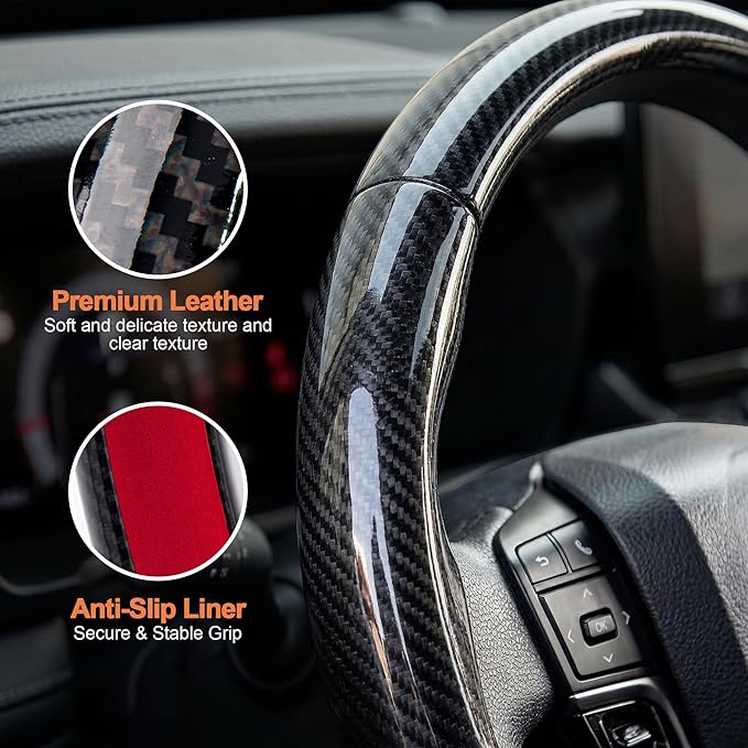 West Llama Carbon Fiber Steering Wheel Covers,3 Piece Car Wheel Cover Universal Fit 99% Cars(Glossy Black)
