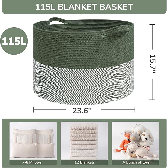 INDRESSME 115L Extra Large Cotton Rope Blanket Basket, Home Decor Laundry Storage Basket for Organizing Bedroom, Living Room,