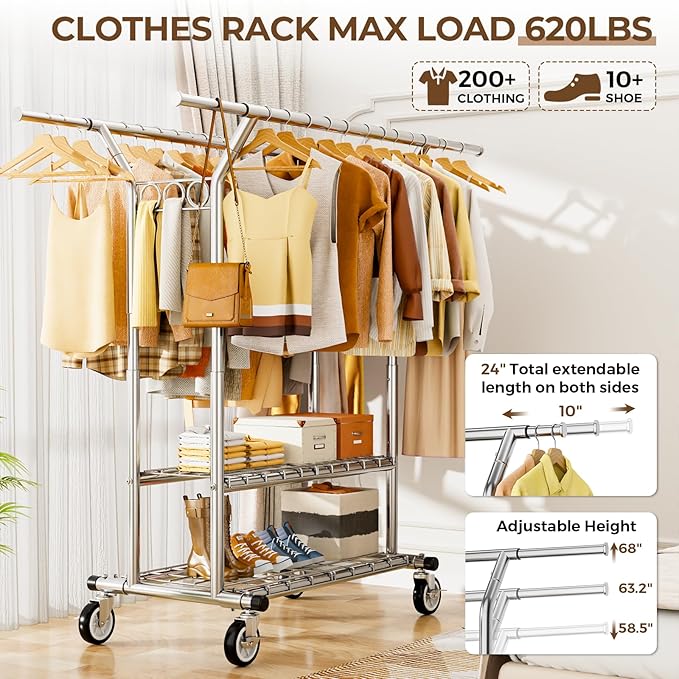 HYSEYY Heavy Duty Clothes Rack, Rolling Clothing Rack With Shelves Load 620 LBS, Double Rod Clothing Racks for Hanging Clothe