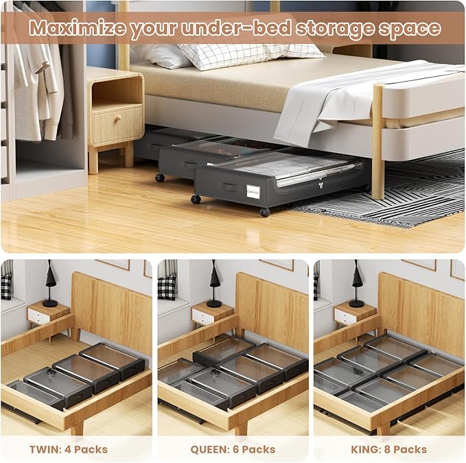 Under Bed Storage Containers with Clear Lid, Large Under Bed Storage with Wheels,6.22"H Under Bed Containers Rolling Under Be