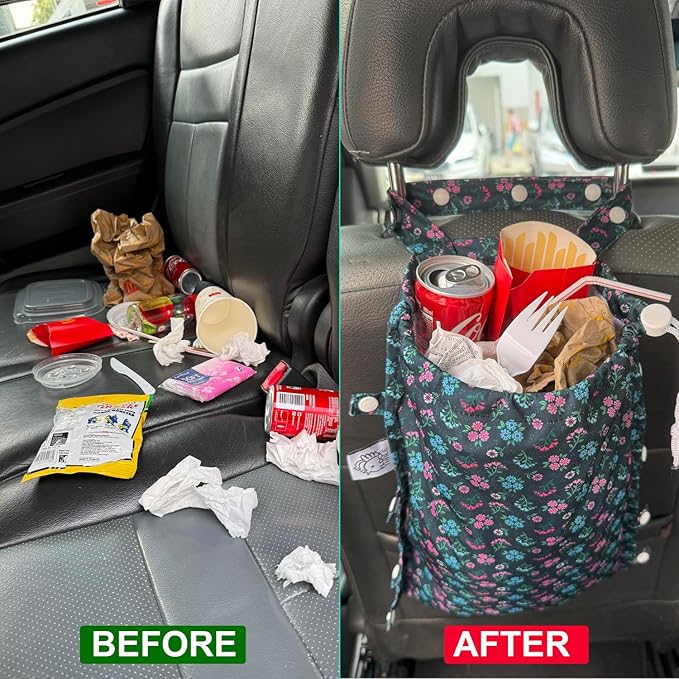 FLOCK THREE Leak-Proof Waterproof Car Trash Bag Foldable Multipurpose Trash bin Container Storage Cute Grocery Organizer Bag for Automotive Front or Back Seat in Cars SUVs and Trucks
