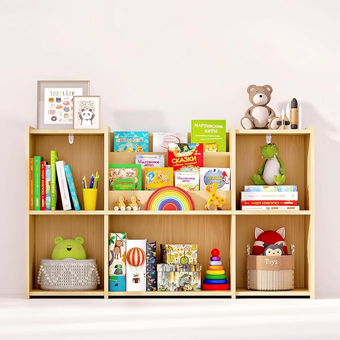 Kids Bookshelf & Toy Storage Organizer, 2-Tier Horizontal Wooden Shelf with 5 Open Compartments and Front Book Display, Low H