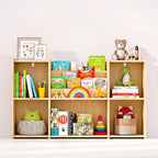 Kids Bookshelf & Toy Storage Organizer, 2-Tier Horizontal Wooden Shelf with 5 Open Compartments and Front Book Display, Low H