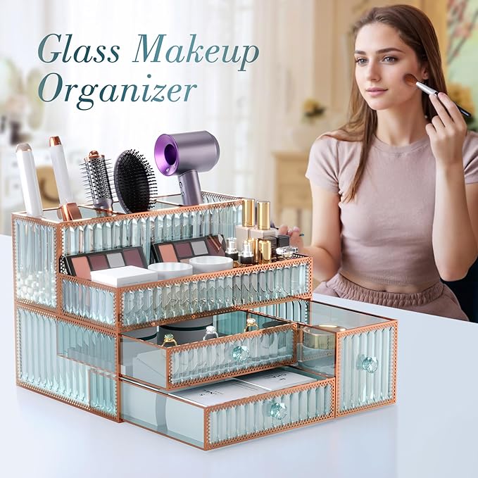 Makeup Organizer Countertop - Tempered Glass Vanity Organizer for Cosmetics, Skincare, Hair Tools, Brushes, Perfume - Multipu