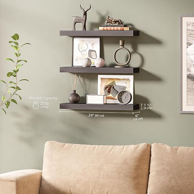 Ballucci Floating Shelves for Wall, 24" Wood Wall Mount Shelf Set of 3, Invisible Brackets Floating Shelf for Decor Living Ro
