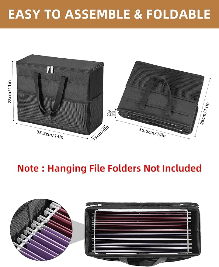 Qozary 2 Pack File Folder Organizer Box-Hanging File Tote Bag With Lids, Collapsible Portable Filing Organizer Box With Handl