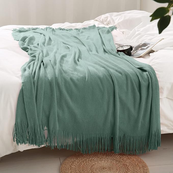 Homiest Decorative Knitted Throw Blanket with Fringe, Lightweight Acrylic Knit, Soft & Cozy Tassel Blanket for Couch, Sofa, B