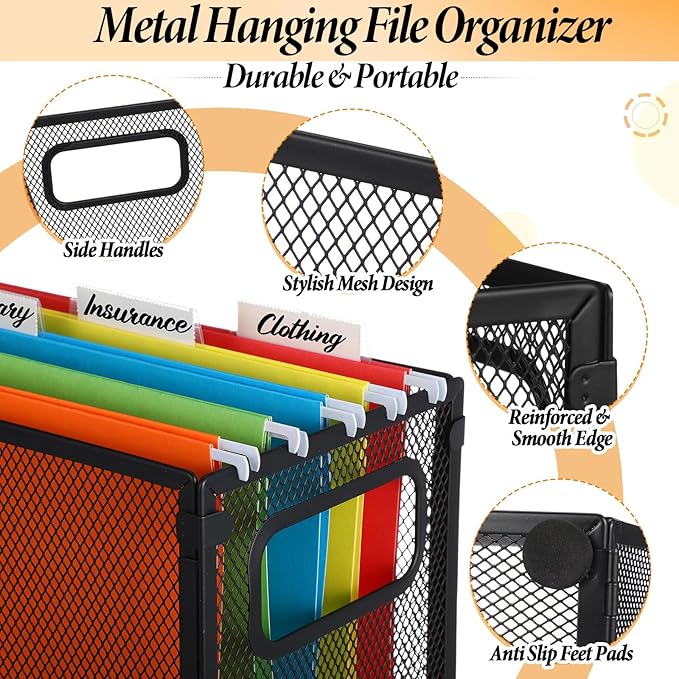 2 Pack Hanging File Holder, 10 Hanging Folders, Metal Mesh, Letter Size Folder Storage, Desktop Storage Cabinets, Office Scho